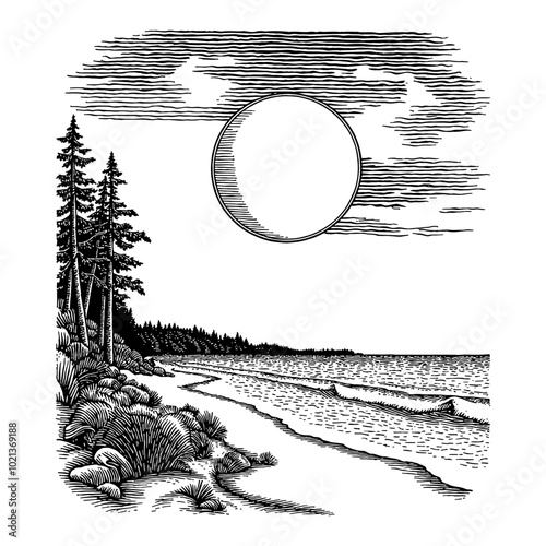 Black and White Outline Line Art Drawing of Beach Scene with Moon and Trees