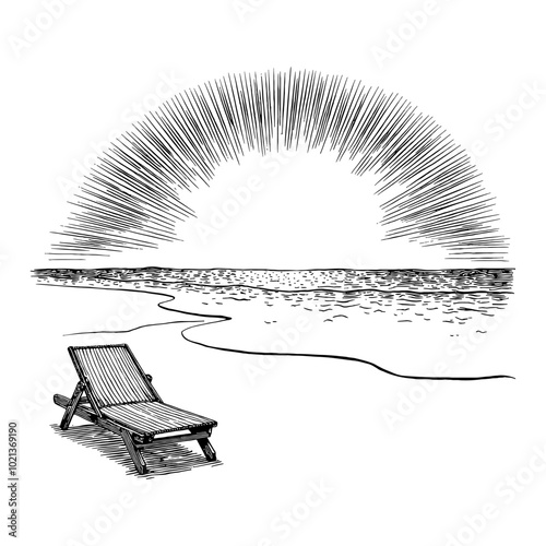 Black and White Outline Line Art Drawing of Beach with Lounge Chair and Sun