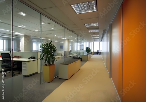 Modern Office Hallway with Glass Walls and Orange Accent Walls