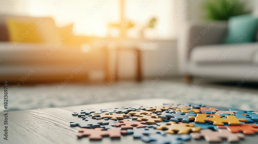 A cozy living room with a puzzle spread out on the coffee table sunlight through the window closeup A cozy living room with a puzzle spread out on the coffee table sunlight through the window closeup