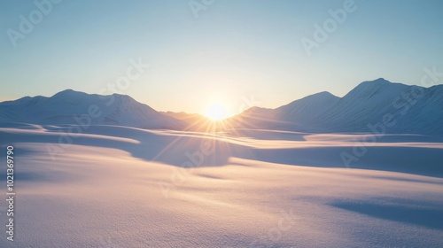 snow-covered mountains at sunset in svalbard, norway, serene winter landscape with pure white snow and a golden sky, capturing the peaceful, endless beauty of nature's winter wonderland