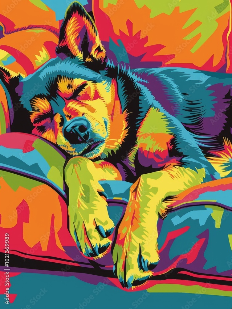 A colorful dog is sleeping on a couch A colorful dog is sleeping on a couch