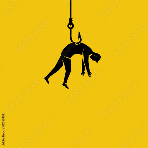 Businessman on the hook. Human hanging on fishing hook. Business bait. The man was caught in a trap. Vector illustration flat design. Isolated on white background.