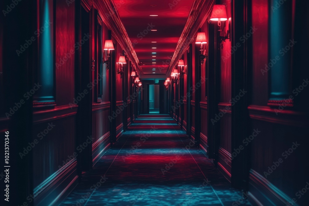 A Long and Dark Hotel Hallway Illuminated by Red Lights A Long and Dark Hotel Hallway Illuminated by Red Lights