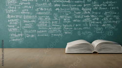 An open book rests on a wooden desk in front of a chalkboard filled with complex equations and notes, symbolizing education.