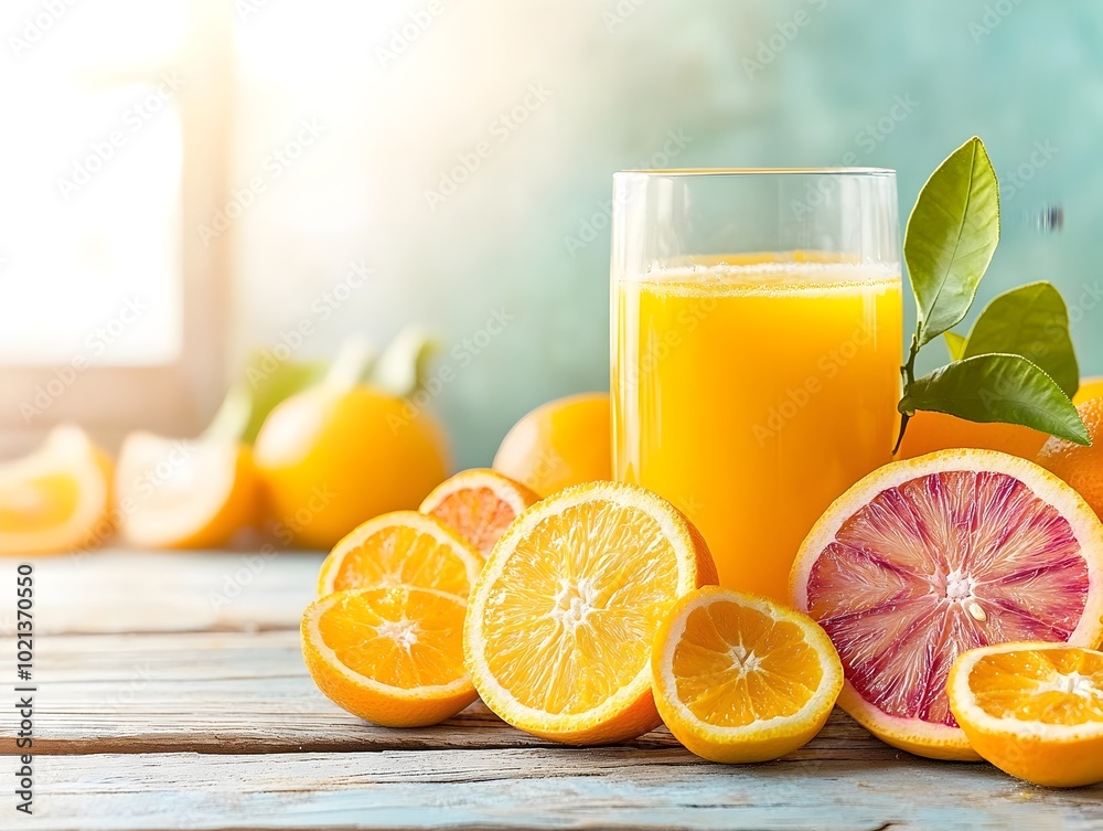 Naklejka premium A stunning still life composition featuring a glass of freshly squeezed orange juice accompanied by vibrant slices of citrus fruit