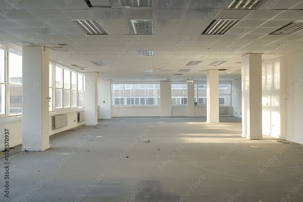 Empty Office Space with Sunlight Streaming Through Windows Empty Office Space with Sunlight Streaming Through Windows
