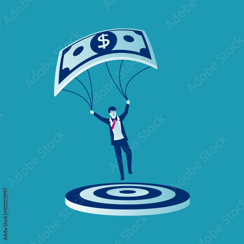 Financial achievement of the goal. Businessman flies on a dollar parachute landing on target. Symbol champion. Achieve business goal, concept. Vector illustration flat design.