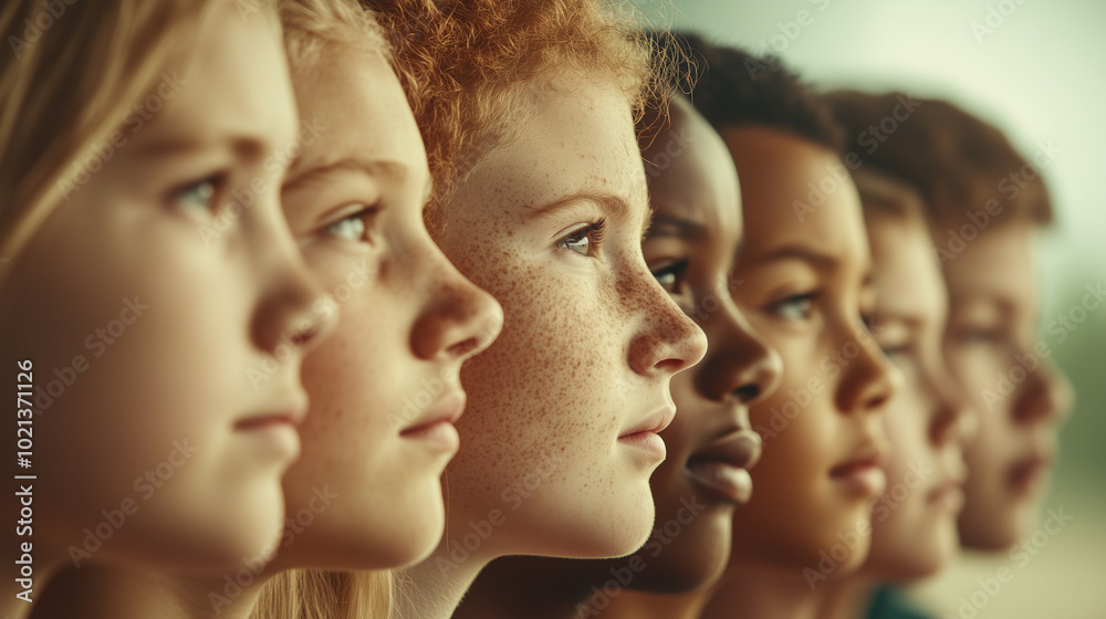 A group of children with different skin tones are lined up A group of children with different skin tones are lined up