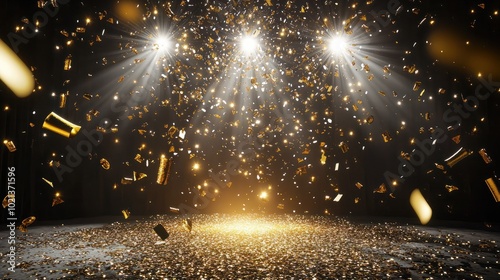 golden confetti rain on festive stage with light beam in the middle, empty room at night mockup with copy space for award ceremony, jubilee, New Year's party or product presentations