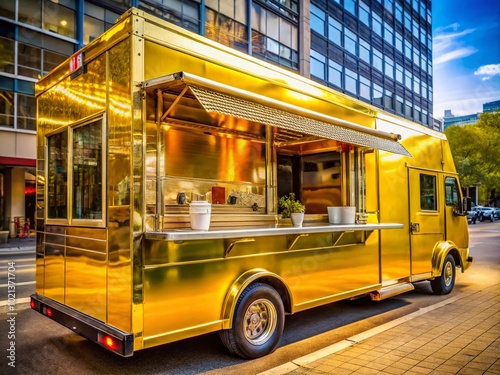 Elegant Gold Food Truck Serving Gourmet Street Food in a Vibrant Urban Setting for Culinary Enthusiasts and Food