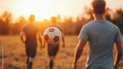 Friends playing football in a park golden hour light wide shot energyfilled scene photo