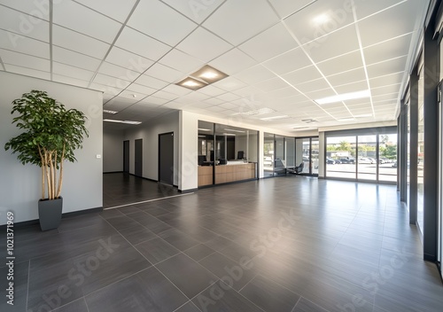 Modern Office Building Interior Design with Gray Floor Tiles