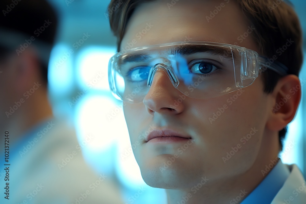 A focused young man wearing safety glasses in a laboratory setting. A focused young man wearing safety glasses in a laboratory setting.
