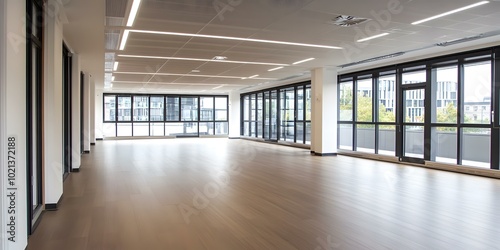Modern Office Space with Large Windows and Wood Flooring