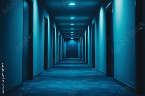 A dimly lit hallway with closed doors leading to rooms.