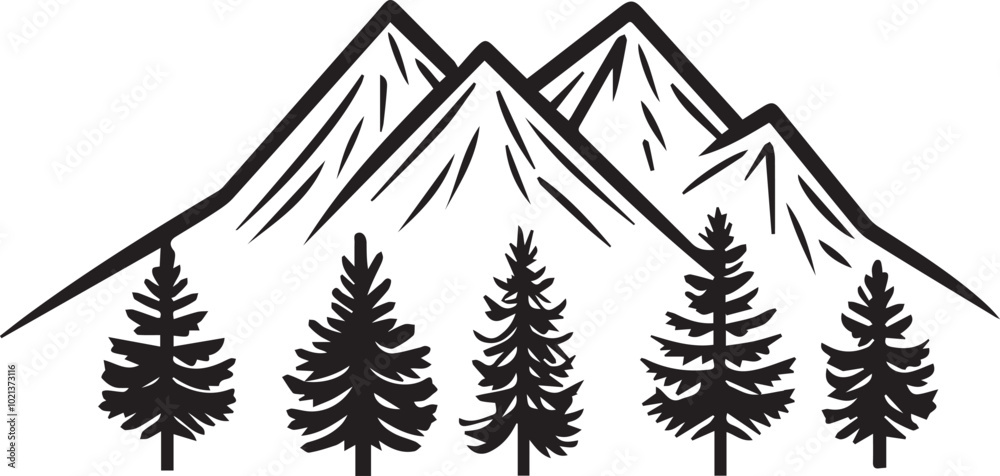 Fototapeta premium Mountain outline vector with the tree, Mountain range silhouette isolated vector illustration.