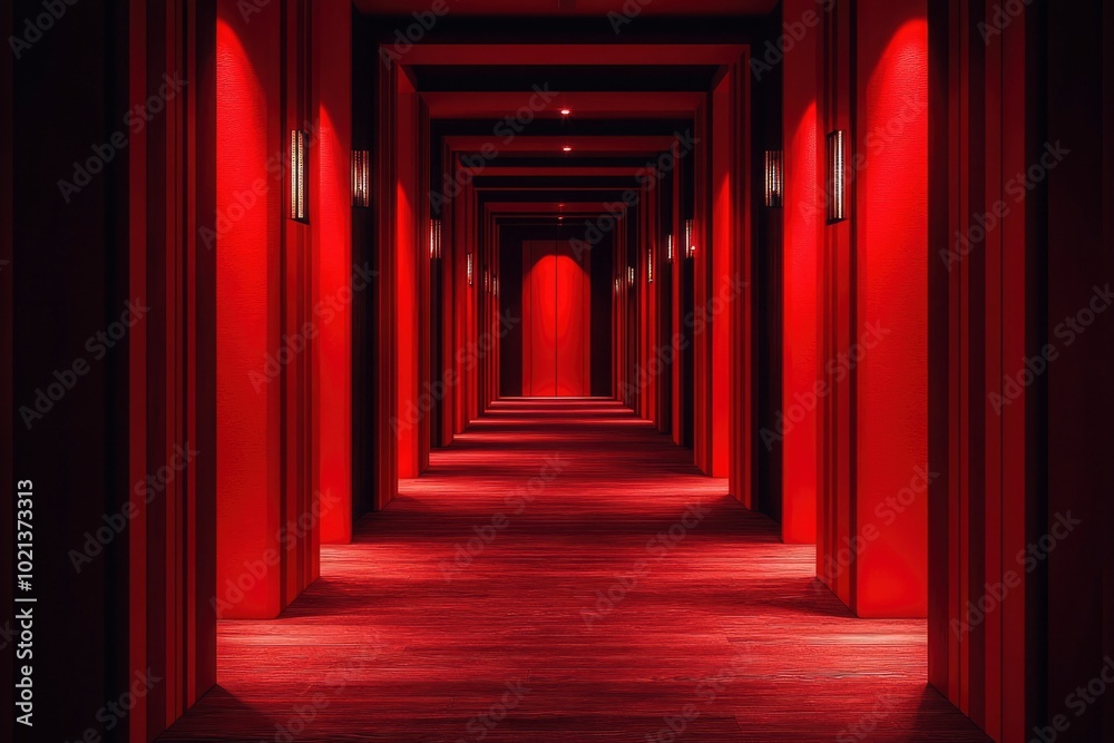 Red Corridor With Subtle Lighting and Wood Floor Red Corridor With Subtle Lighting and Wood Floor