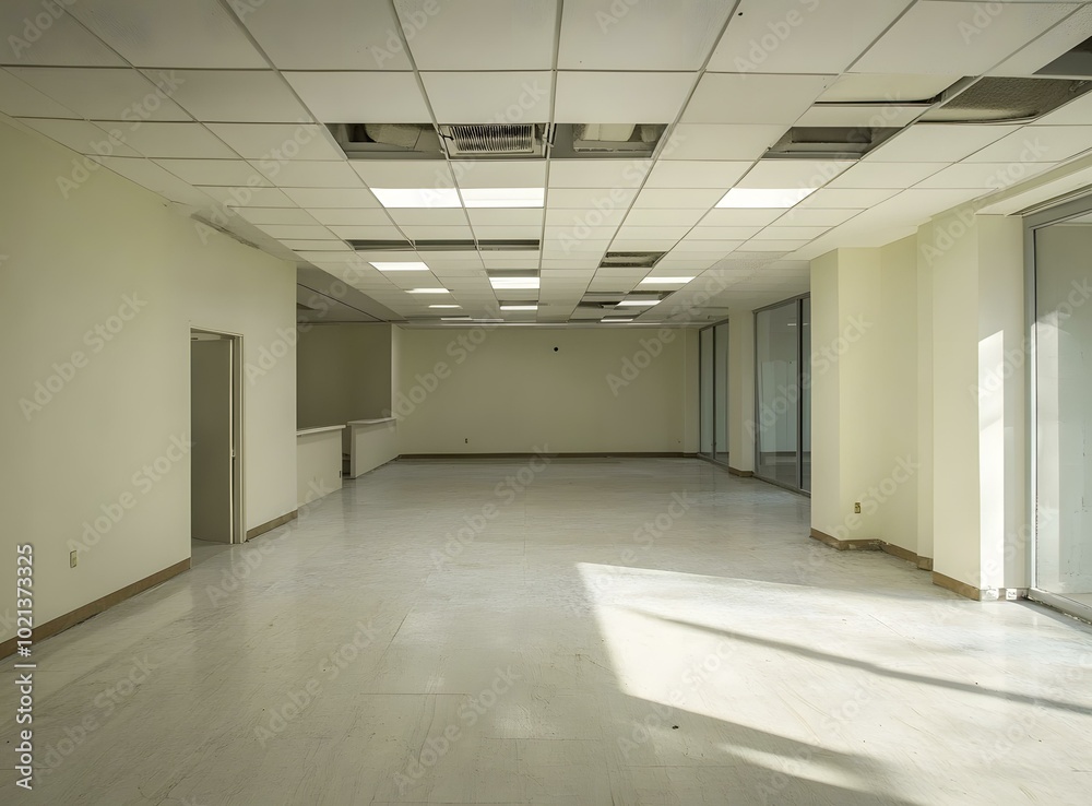 Fototapeta premium Empty Office Room with Broken Ceiling Tiles and Sunlight Streaming In