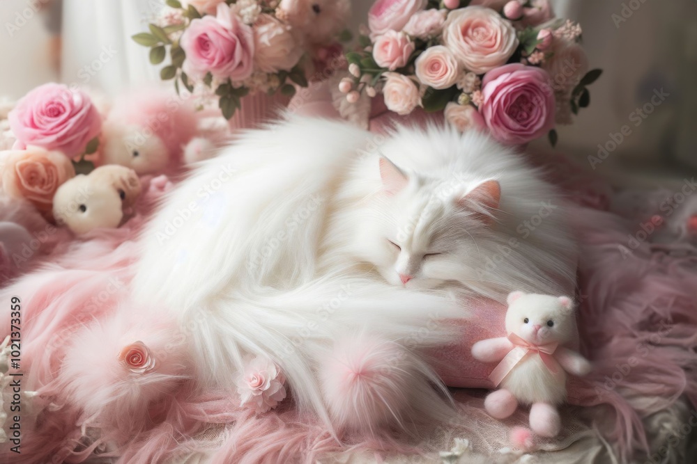 Eine schlafende, langhaarige weiße Katze liegt auf einer rosa, flauschigen Decke, umgeben von Plüschtieren und Rosen, in einer romantischen Atmosphäre. Generative KI. Eine schlafende, langhaarige weiße Katze liegt auf einer rosa, flauschigen Decke, umgeben von Plüschtieren und Rosen, in einer romantischen Atmosphäre. Generative KI.