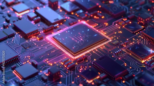 Technology picture of chip on complex circuit with digital high tech style design and the electric light graphic show dynamic movement represent about processor algorithm process on computer. AIG53.