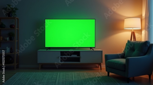 Warmly lit living room at night with a flat-screen TV showcasing a vibrant green screen