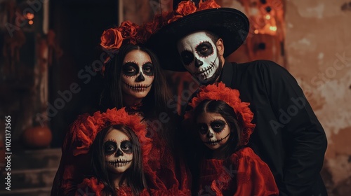 happy family mother father and children in costumes and makeup on. Halloween.