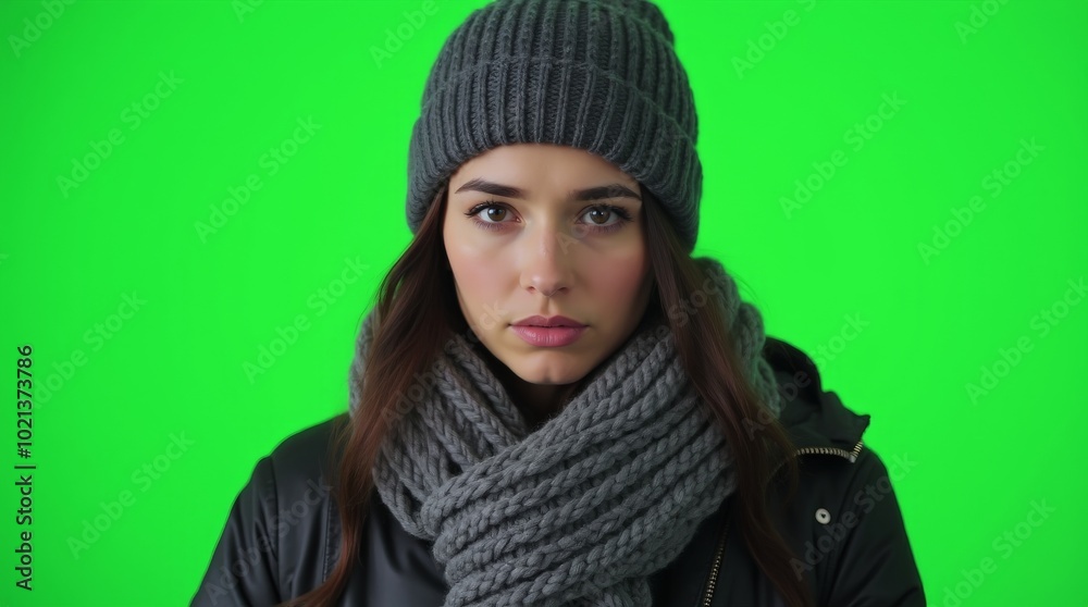 Young woman with olive skin and dark hair, stylishly dressed in a gray knit scarf and a dark gray beanie
