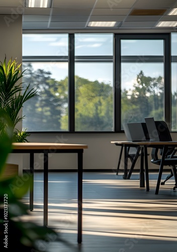 Modern Office Interior With Large Windows and Sunbeams