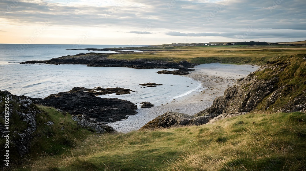 Obraz premium Picturesque Coastal View With Rolling Grasslands And The Sea