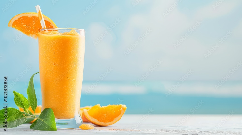 A vibrant orange smoothie with a beach setting A vibrant orange smoothie with a beach setting
