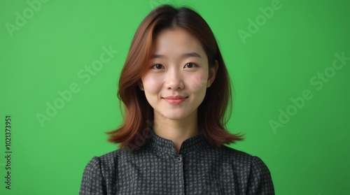 Young woman with brown hair, captured in a natural, subtle smile