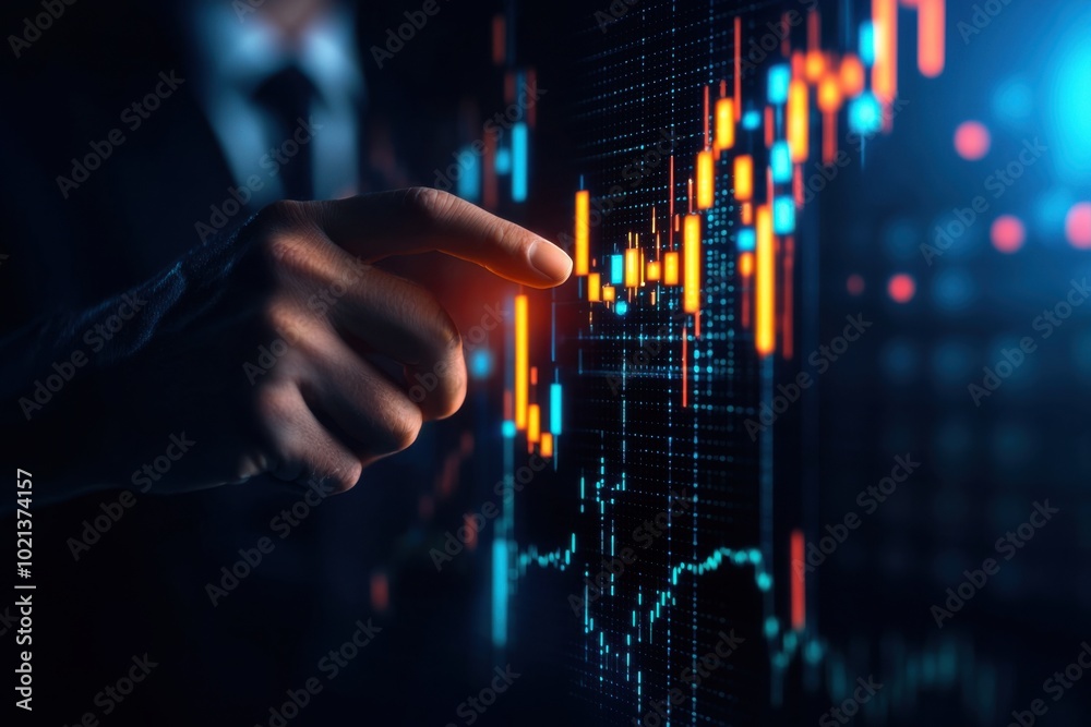 Businessman analyzing stock market data on a digital screen. Businessman analyzing stock market data on a digital screen.