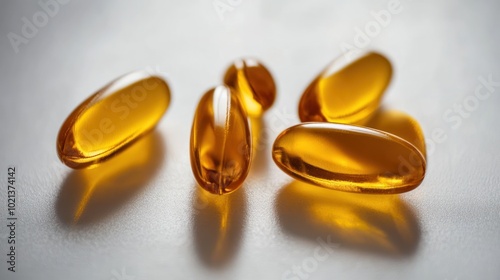 Five amber-colored gel capsules arranged on a surface, likely supplements or vitamins.