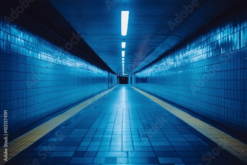 Blue Tiled Tunnel with Fluorescent Lights