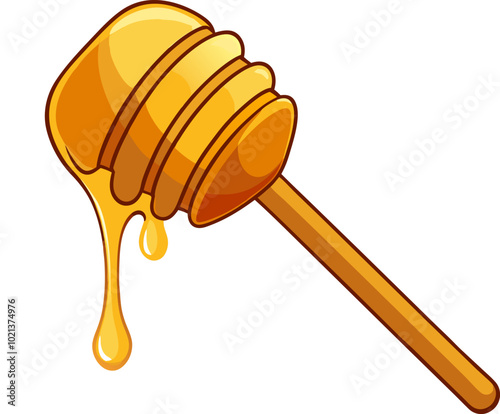 Vector illustration of a bee wooden honey spoon with a drop of liquid, cartoon-style honey dipper dripping with golden honey, silhouette, and icon.