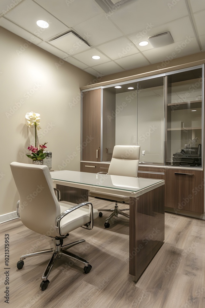 Modern Office Interior Design With Glass Desk And Two Chairs Modern Office Interior Design With Glass Desk And Two Chairs