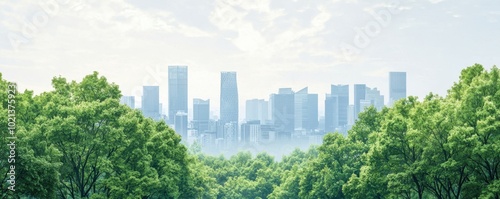 Urban skyline peeking through lush green trees under a cloudy sky.
