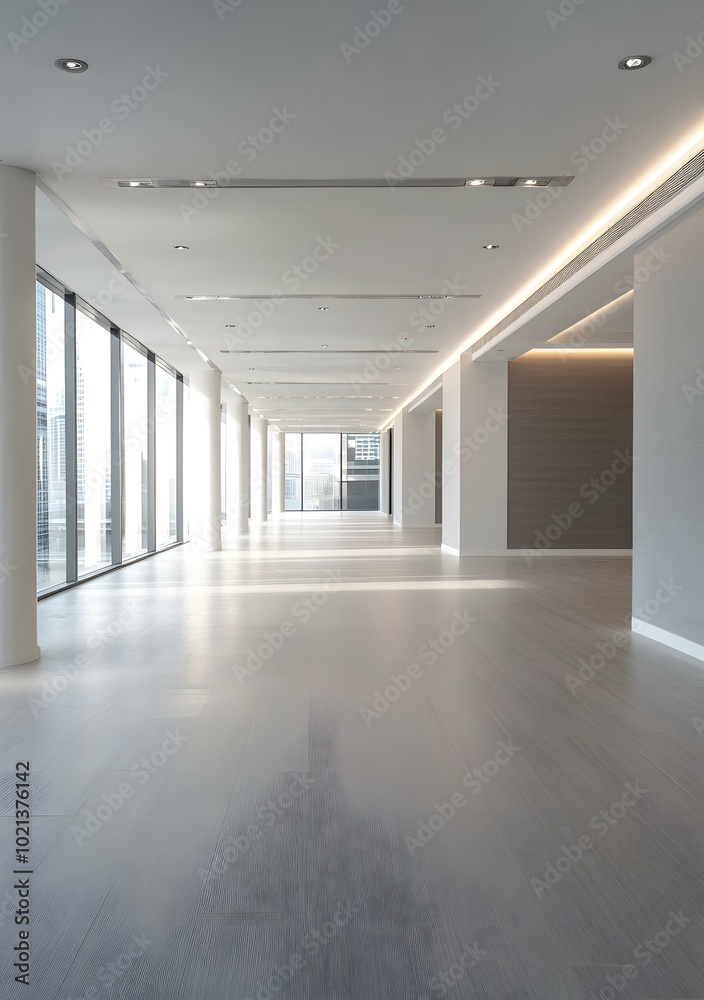 Empty Office Space with Large Windows and City View Empty Office Space with Large Windows and City View