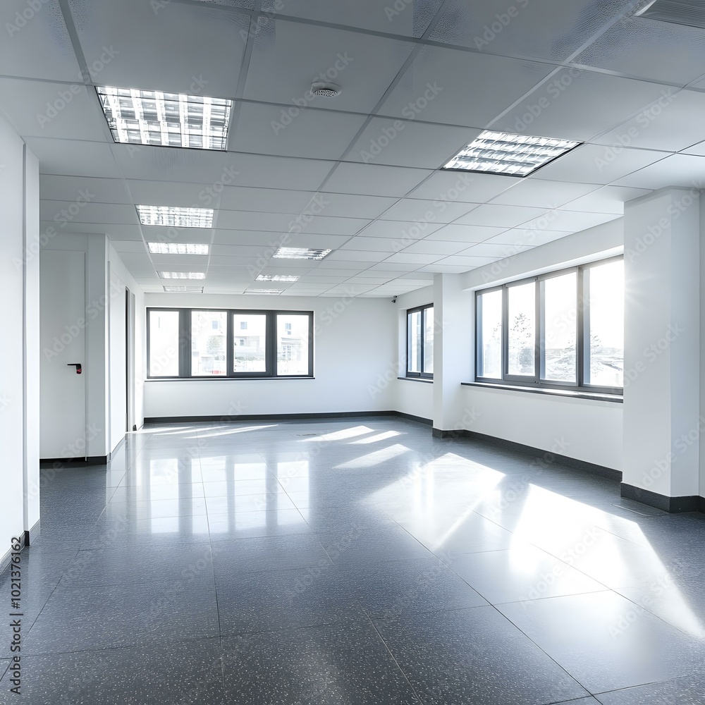 Empty Office Space With Windows And Tile Floor Empty Office Space With Windows And Tile Floor