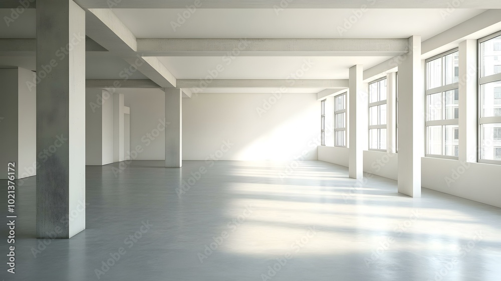 Modern Empty Room With Concrete Pillars And Large Windows Modern Empty Room With Concrete Pillars And Large Windows