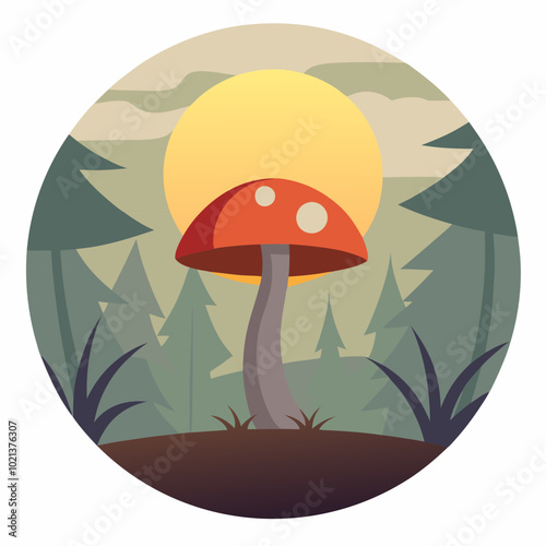  Mushroom in a misty forest as the sun sets between tree vector illustration 