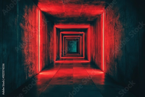 Red Neon Lights Illuminate a Long, Dark Corridor