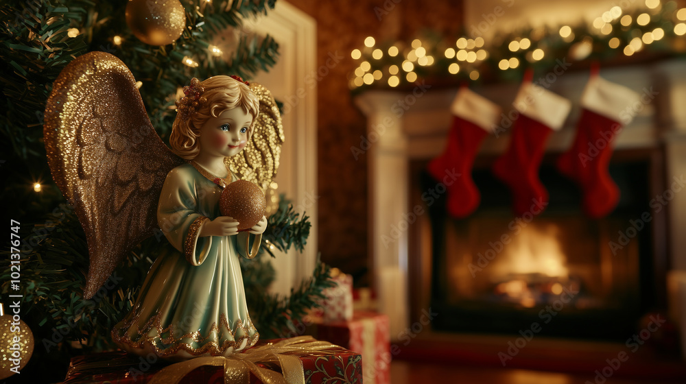 Fototapeta premium Christmas angel figurine holding a golden ornament, standing by a beautifully decorated tree in a cozy living room with stockings and a glowing fireplace. Image made using Generative AI