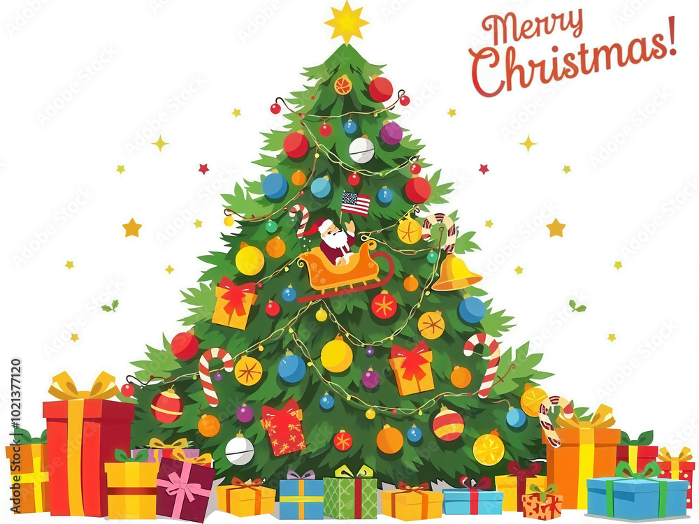 The image features a festive Christmas tree adorned with ornaments, a star, and a Santa Claus figure, surrounded by a variety of presents and a Merry Christmas greeting. The image features a festive Christmas tree adorned with ornaments, a star, and a Santa Claus figure, surrounded by a variety of presents and a Merry Christmas greeting.