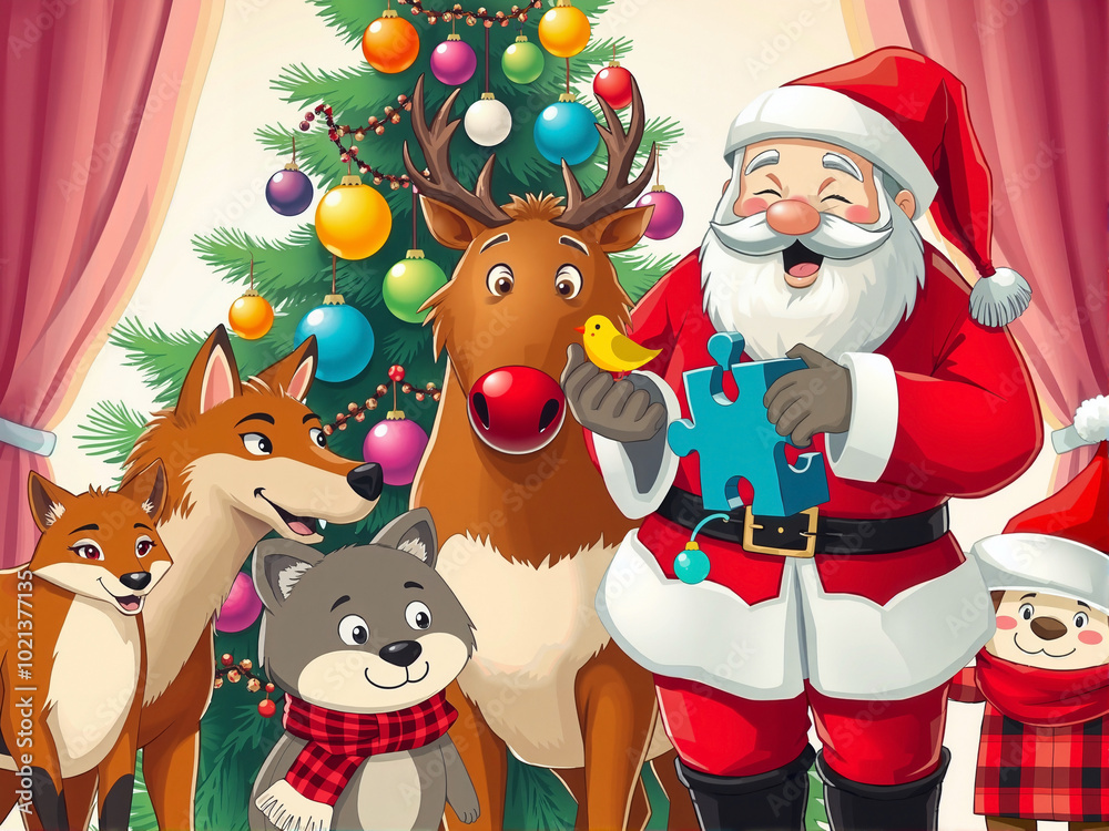 The image features a cheerful Santa Claus holding a blue jigsaw puzzle, surrounded by a group of cartoon animals including a reindeer, foxes, and a cat, all set against a festive Christmas tree. The image features a cheerful Santa Claus holding a blue jigsaw puzzle, surrounded by a group of cartoon animals including a reindeer, foxes, and a cat, all set against a festive Christmas tree.