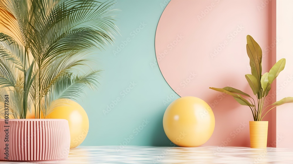 Minimalist Interior Design with Tropical Plants and Geometric Shapes Minimalist Interior Design with Tropical Plants and Geometric Shapes