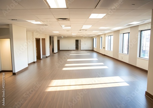 Empty Office Space with Large Windows and Sunlight