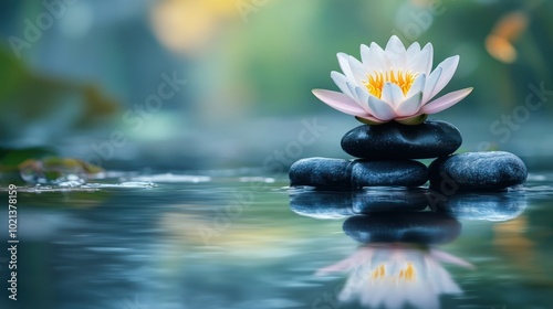 A serene water lily atop smooth stones, reflecting tranquility in a peaceful setting.