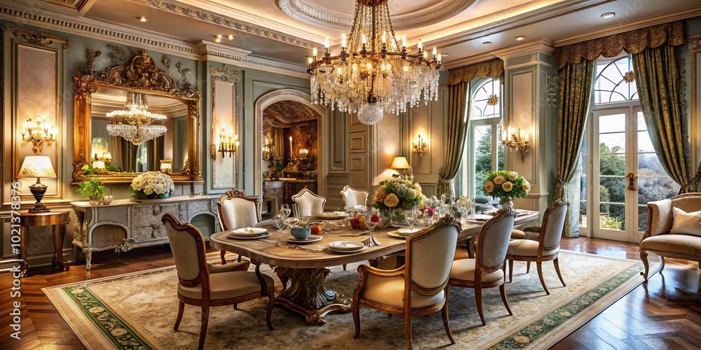 Elegant Luxury Formal Dining Room with Opulent Decor, Fine Tableware, and Stunning Light Fixtures Elegant Luxury Formal Dining Room with Opulent Decor, Fine Tableware, and Stunning Light Fixtures